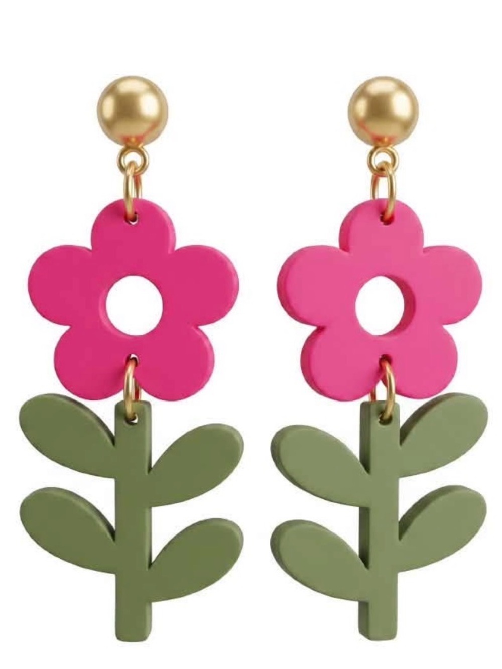 Pink Flower Drop Earrings with Olive Green Stem - Women Accessories